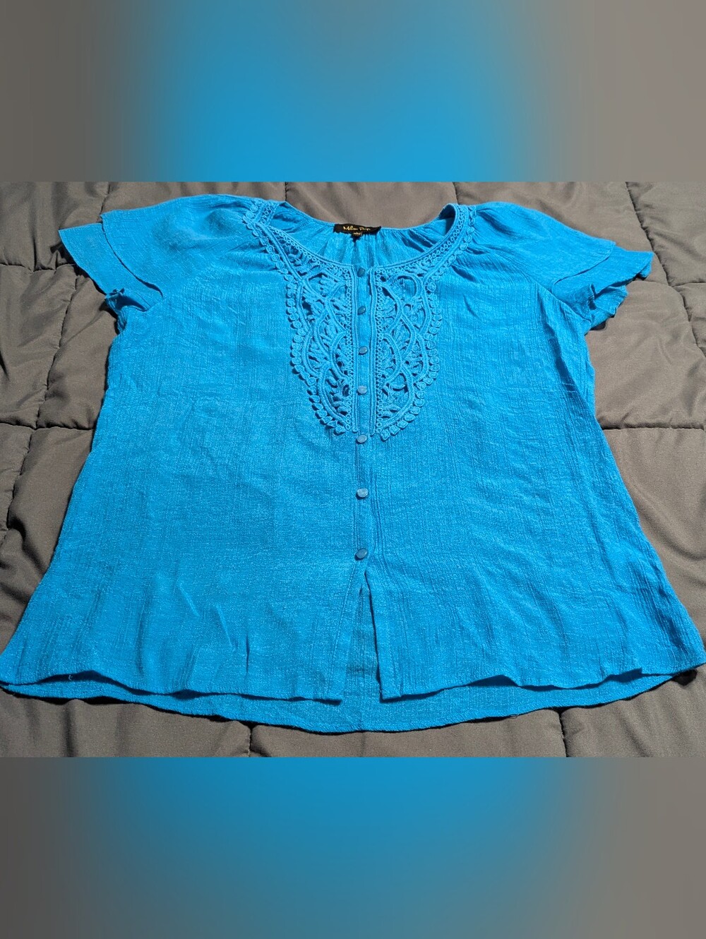 Melissa Paige Bright Turquoise Crochet-Front Button Blouse Size Large